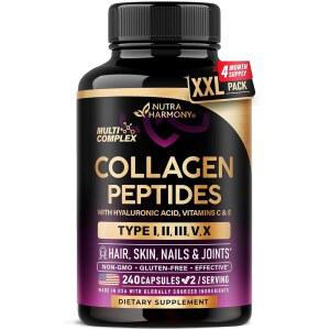 멀티 콜라겐 펩타이드 - 가수분해 유형 I, II, III, V & X 여성용 보충제 1300mg w / 히알루론산, C E 피부, 모발, 손톱 및 지지제 미국산, 240캡슐