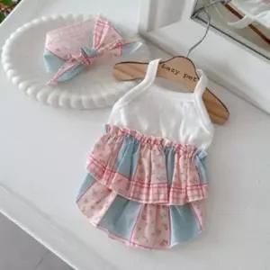 [반려] 2단 세트 1P 강아지 원피스 민소매 스카프 체크 핑크