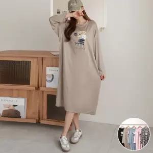 여성 곰돌이 라운드넥 긴팔 롱 원피스잠옷 홈웨어 파자마 캐릭터 수면잠옷 수면원피스 -WHO0003- 봄 가을