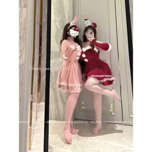 빅사이즈 산타걸 크리스마스 파티복 모임 기념일 L 토끼 귀+스커트+장갑 핑크색 싱글 슈트