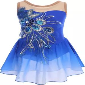 여자 피겨 스케이팅 원피스 - 대회 의상 세퀸 플라워 메시 스 발레 댄스 레오타드
