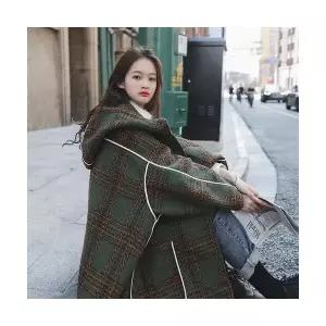 여성용 야구 점퍼 그린 체크 후드 망토 코트 가을 겨울 롱 모직 도톰 CH4