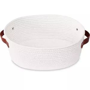 아벤클 작은 직조 바구니 귀여운 로프 룸 선반 보관 고양이 개 장난감 상자 가죽 손잡이가 달린 빈 장식용