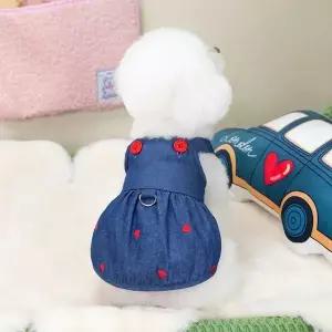 강아지옷 데님 레드하트 포인트 하네스 청 원피스