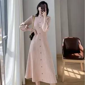 [샵앤] 여성 하객룩 하프넥 단추 플리츠 니트 롱 원피스 WON-WDR-WFICGGV