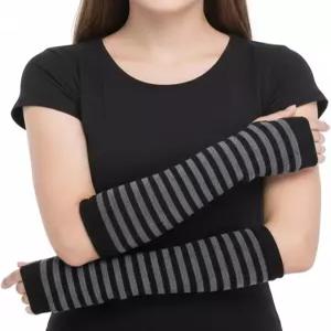 YQQyg 블랙 스트라이프 팔 워머 롱 핑거리스 니트 장갑 여성용 겨울 니트리스