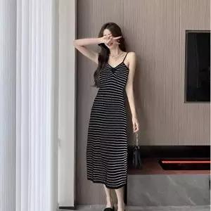 여성 스트라이프 롱원피스 민소매 브이넥 나시 원피스 (KYR-WE55DFF)