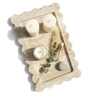 다춘 정품 트래버틴 가리비 대리석 트레이, 욕실용 천연 돌 베니티 주방 조리대 홈 데코, 12인치 x 8인치