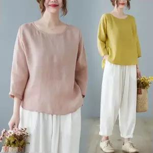 여성 은창)소매 버튼 백 셔링 면 7부 티셔츠 여름 상의