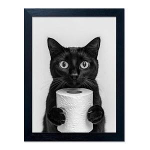 액자에 넣어진 검은 고양이 화장실 벽 아트 화장지 롤 캔버스 프린트 포스터 흑백 웃긴 동물 그림 장식