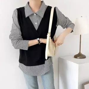 [신세계라이브쇼핑][옷자락] 여자 봄 출근룩 레이어드 스트라이프 빅사이즈 배색 셔츠