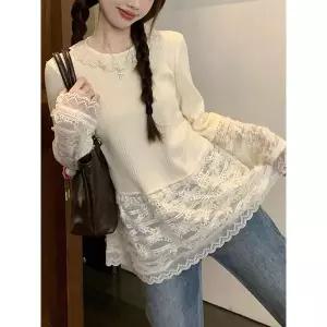 [하프클럽/]델르마 레이스 레이어드 골지 티셔츠