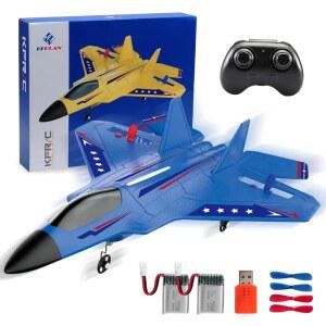 안티르 F22 RC 비행기 쉽게 날 수 있는 - 자이로 스태빌라이저 및 LED 조명이 장착된 2.4GHz 리모컨 전투기, 성인 초보자를 위한 배터리 폼 글라이더 2대(블루)