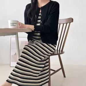 [하프클럽/]여성 스트라이프 유넥 민소매 니트 롱 원피스 가디건 세트