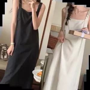 캐주얼스타일 데일리 베이직 블랙 아이보리 뷔스티에 멜빵 롱원피스