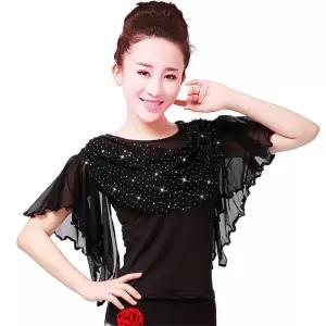 라인댄스복 상의 쉬폰 무대 여성용 댄스복 의류 블랙 장식 사이즈