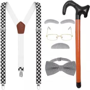 Dxhycc 노인 의상 할아버지 드레스업 액세서리 안경 멜빵 바지 나비 넥타이 풍선 지팡이 콧수염 및 눈썹