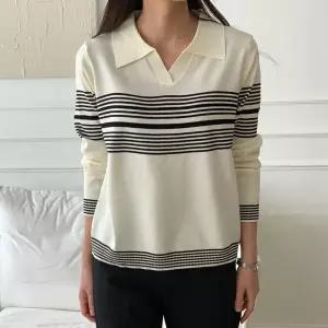 여성 슬릿 카라넥 세인트 배색 긴팔 니트티 21DS-WKN-5131-블랙