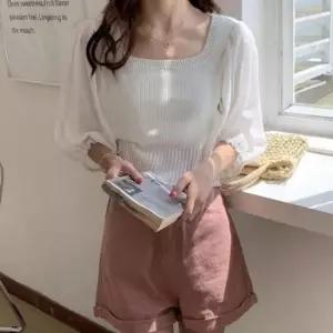 [의류] 스퀘어 스퀘어쉬폰 쉬폰소매 포인트 반팔 니트 골지