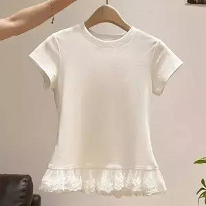 밑단포인트 레이스프릴 디테일 깔끔한 기본반팔티셔츠 (KYR-WFIFZ1M)