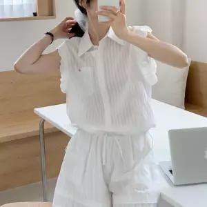 여자 스트라이프 펜던트 포켓 스트링 링클 민소매 셔츠