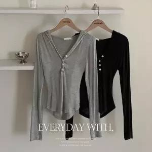 핫핑 [쫀득모찌+찰랑][허리잘록핏] 여리끝판왕 슬림핏 버튼 헨리넥 후드 긴팔티셔츠