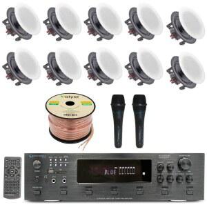 홈 스테레오 시스템 키트 - 6채널 6000W 블루투스 앰프, 10개의 5.25인치 프레임리스 천장형 스피커 각각 175W, 2개의 유선 마이크, 500피트 와이어 및 기술 전문가의 리모컨