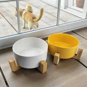 반려동물 나무받침 도자기 식기 강아지 고양이 밥그릇 16cm애견 애완 애완견