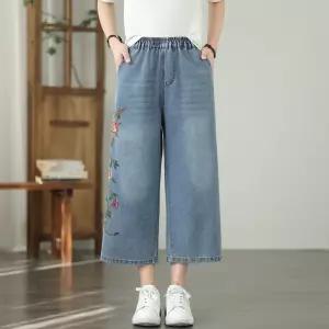 여성청바지 봄 와이드 플라워 자수 트리밍 데님 팬츠 빅사이즈 9부 바지 심쿵해외구매
