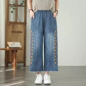 여성청바지 봄 와이드 자수 트리밍 밴딩 빅사이즈 9부 데님팬츠 심쿵해외구매