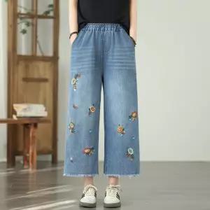 여성청바지 봄 와이드 플라워 자수 트리밍 데님 팬츠 빅사이즈 9부 바지 심쿵해외구매