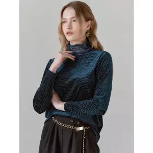 [하프클럽/마쟈]시스루 배색 메탈믹스 벨벳 반목폴라 티셔츠