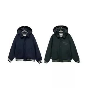 커스텀멜로우 새드스마일 바시티 점퍼 다크네이비 카키 오버사이즈 바시티 아우터