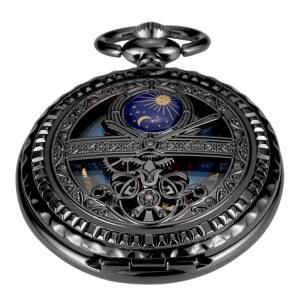 후두잇 블랙 앤 실버 로마 숫자 다이얼 남성용 기계식 달 상 디자인, 태양 패턴 골격 포켓 시계