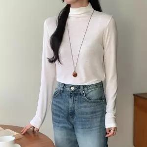 여성 울 스판 무지 루즈 반폴라 티셔츠 반목 터틀넥 이너티