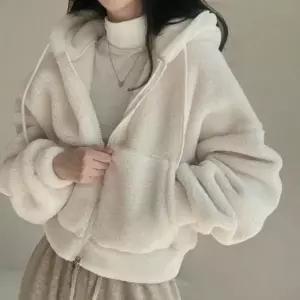 세미 크롭 후드 집업 점퍼 양털 퍼 뽀글이 여성 겨울 방한 후드집업 여성 겨울아우터 크롭 양털 여자