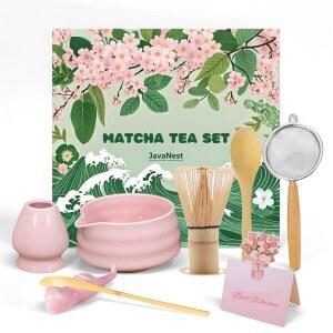 자바네스트 말차 티 세트, 7피스 만들기 키트, 마차 거품기 볼 위드 스파우트, 채센 홀더, 스타터 체, 대나무 스쿱, 식 선물용 스푼 일본식 찻 도구(핑크)