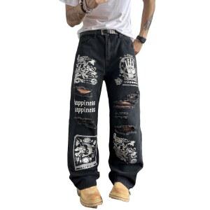 DFGIGT 남성 배기 청바지 앤 Y2K 문 데님 레그 팬츠 와이드 스트리트웨어 디스턴스 프린트 찢어진 힙합