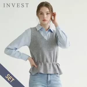 [인베스트]베이직 카라 블라우스+니트 조끼 세트_INI6S1BL5191