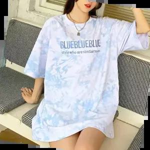 스퀘어넥티 여성 여름 바닷가 외출 패션 나염 타이다이 티셔츠