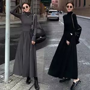 가을 시크한 여성 하이웨스트 A라인 목티 긴팔 원피스 (KYR-WCFFBCF)