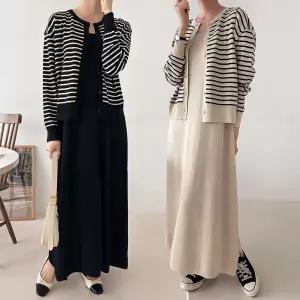 여성 니트 단가라 가디건 나시 롱 원피스 세트 11SST0096 빅사이즈 루즈핏 오버핏 봄