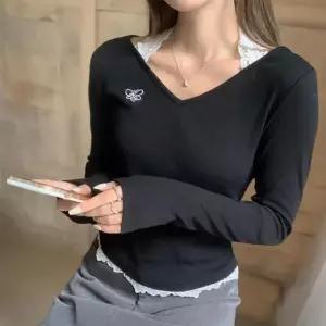/신상오픈런 여성 브이넥 긴팔 레이스 레이어드 티셔츠