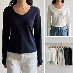 [유야]여성 국산 워싱 면 모달 스판 무지 브이넥 슬림핏 긴팔 티셔츠 STS1060 봄 가을