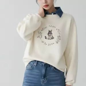 데님카라 레이어드 맨투맨 토끼 프린팅 오버핏 여성 캐주얼 티셔츠