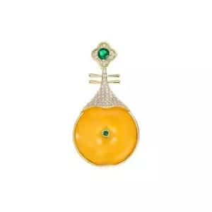 모이사나이트 악센트가 있는 14K 골드 피파 모양 브로치 - 우아한 시누아즈리 수제 주얼리, 여성을 위한 독