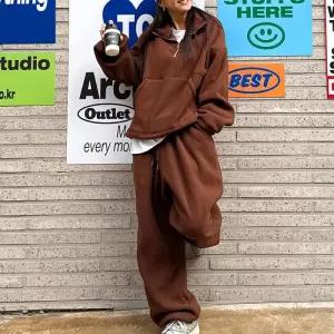 여성 플리스 포켓 반집업 티셔츠와 바지 세트