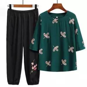 은창)숨쉬는 나뭇잎 자수 상하의 바지 세트 티셔츠 투피스 홈웨어 셋업 봄 여름 반바지 반팔 엄마