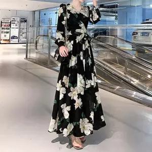 아레니아 가을 원피스 여성 긴팔 봄 꽃무늬 엄마 여름 쉬폰 블랙 V넥 K1885 홈웨어 시원한 바캉스 캐주얼