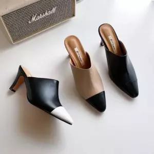 [에이치플러스몰]소가죽 투톤 컬러 뾰족 앞코 여성용 뮬 슬리퍼힐